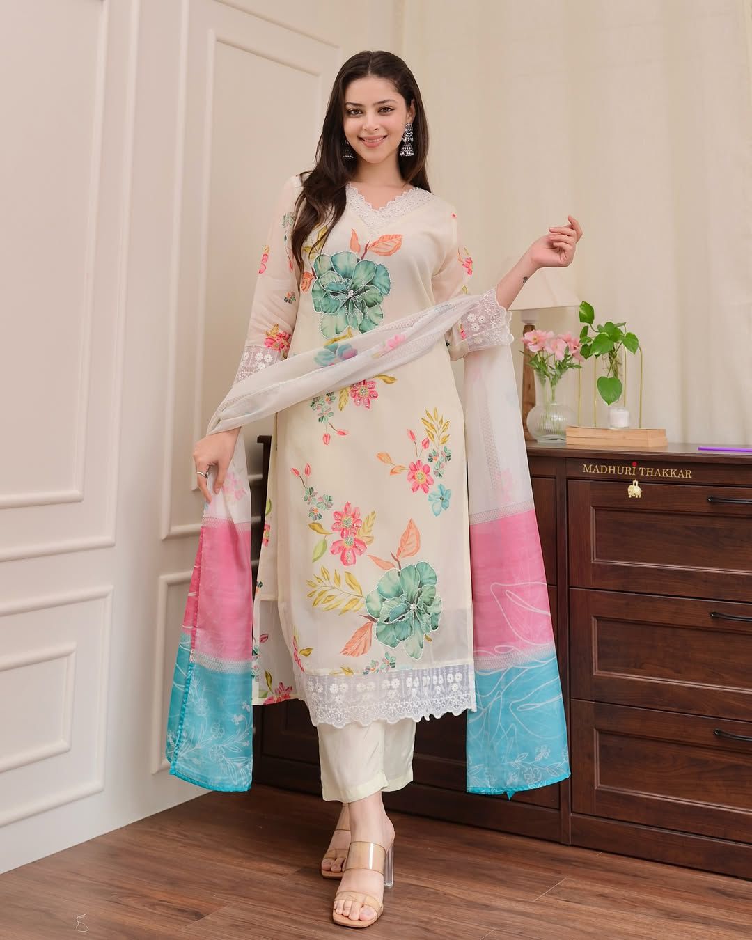 Ivory Floral Kurta Set with Lace Trim & Color-Block Dupatta