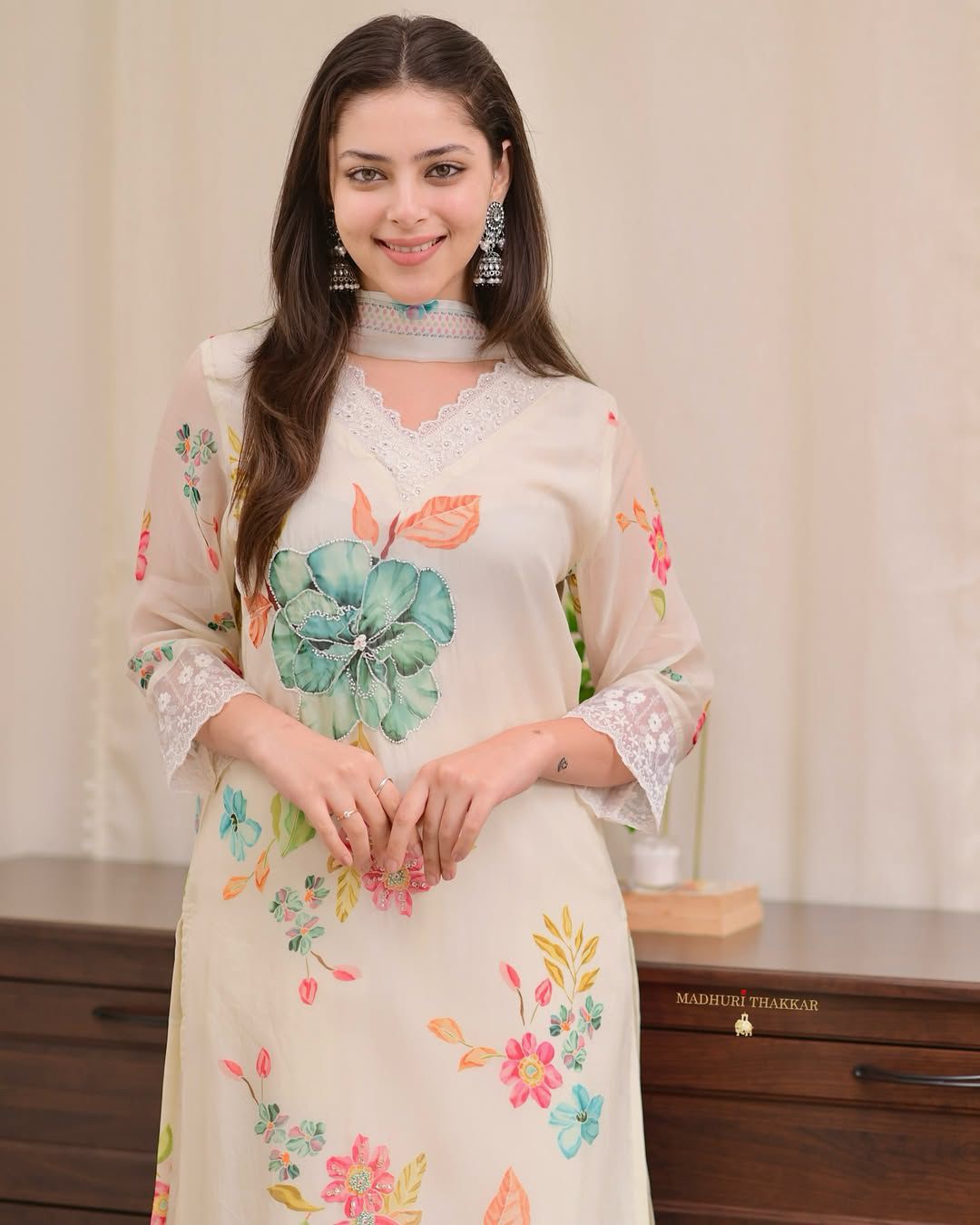 Ivory Floral Kurta Set with Lace Trim & Color-Block Dupatta