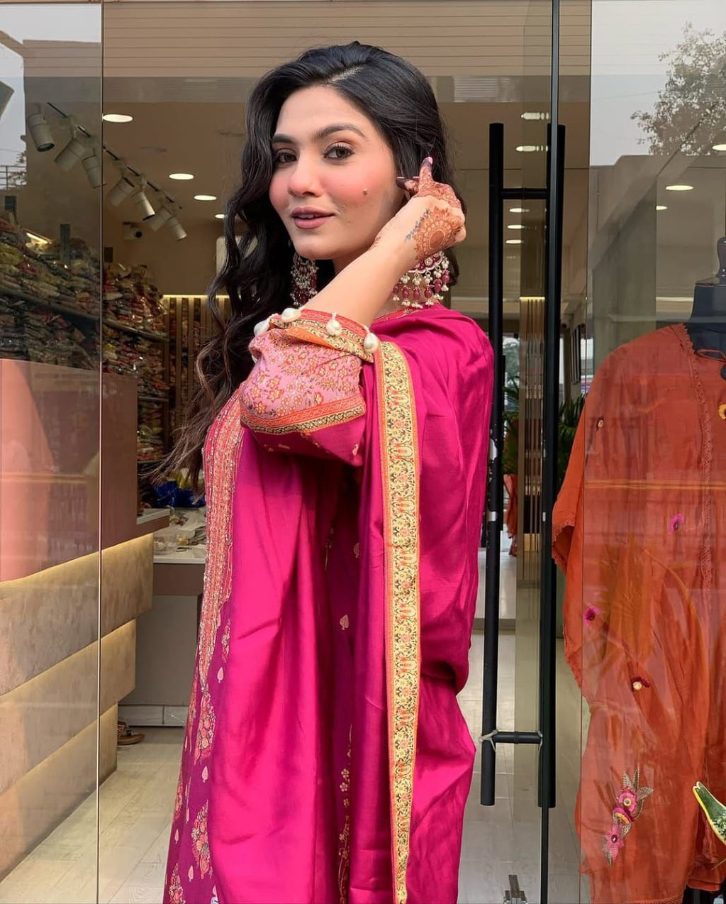 Fuchsia Fantasy: All-Over Printed Kurta Set with Designer Tassel Detail
