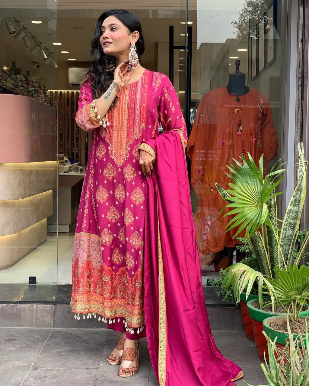 Fuchsia Fantasy: All-Over Printed Kurta Set with Designer Tassel Detail