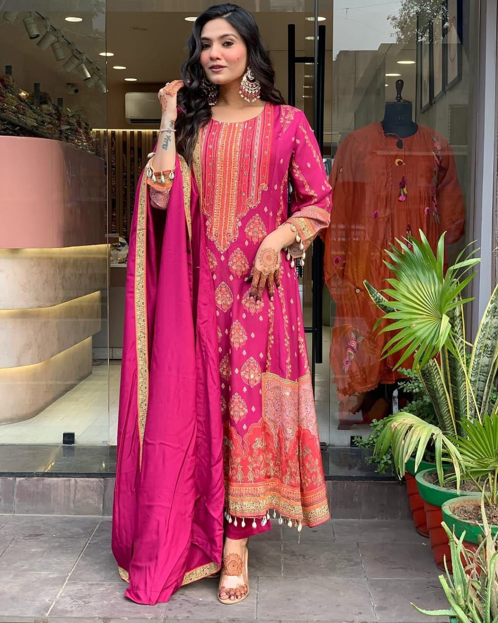Fuchsia Fantasy: All-Over Printed Kurta Set with Designer Tassel Detail