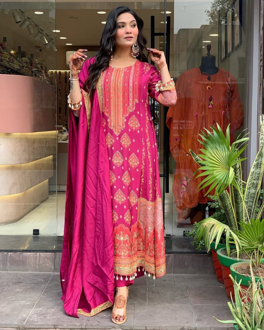 Fuchsia Fantasy: All-Over Printed Kurta Set with Designer Tassel Detail