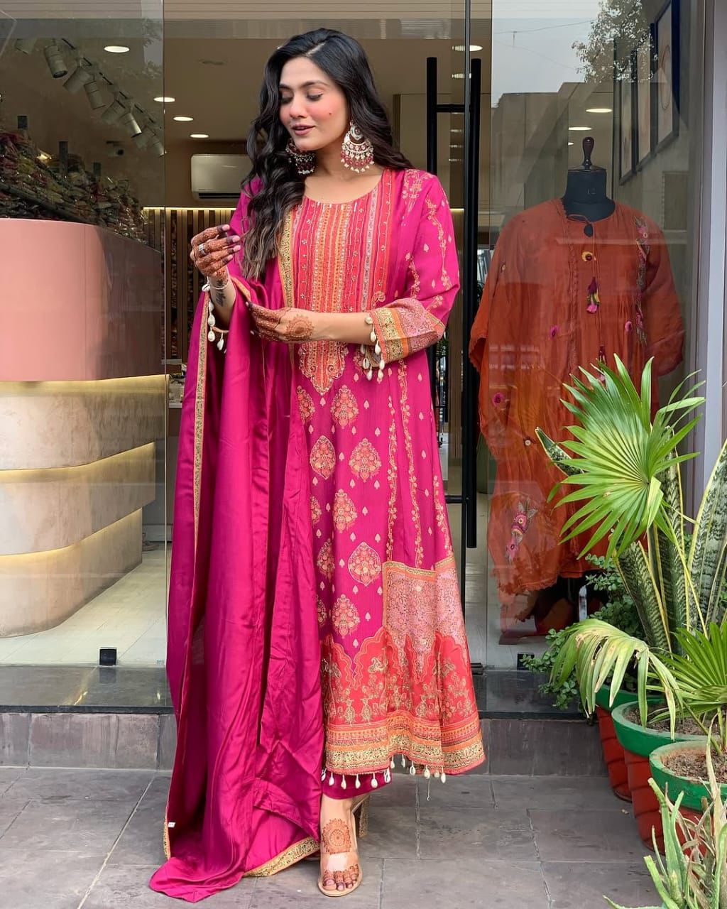 Fuchsia Fantasy: All-Over Printed Kurta Set with Designer Tassel Detail