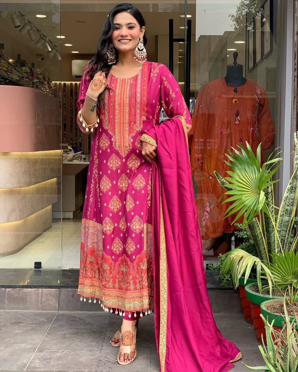 Fuchsia Fantasy: All-Over Printed Kurta Set with Designer Tassel Detail