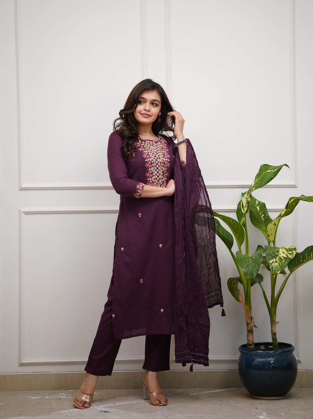 Embroidered Kurta Set with Vibrant Floral Yoke Work