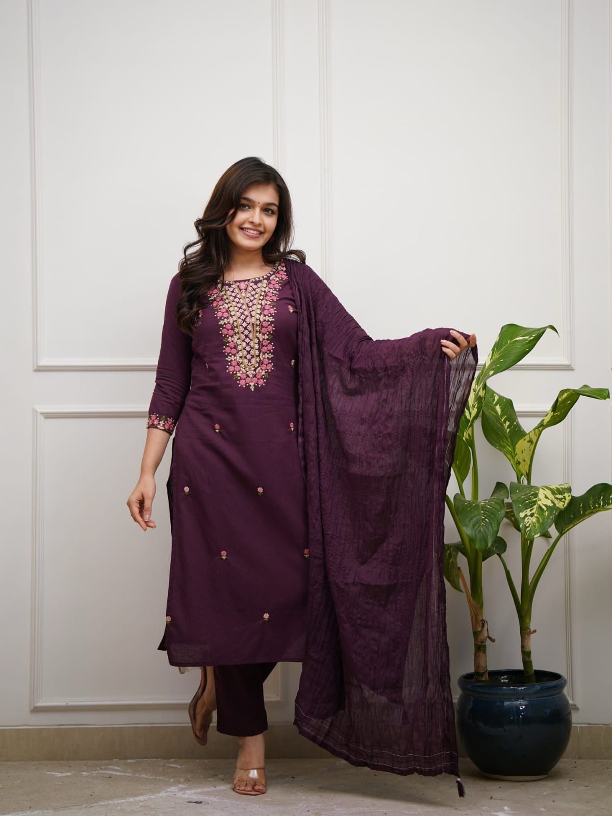 Embroidered Kurta Set with Vibrant Floral Yoke Work