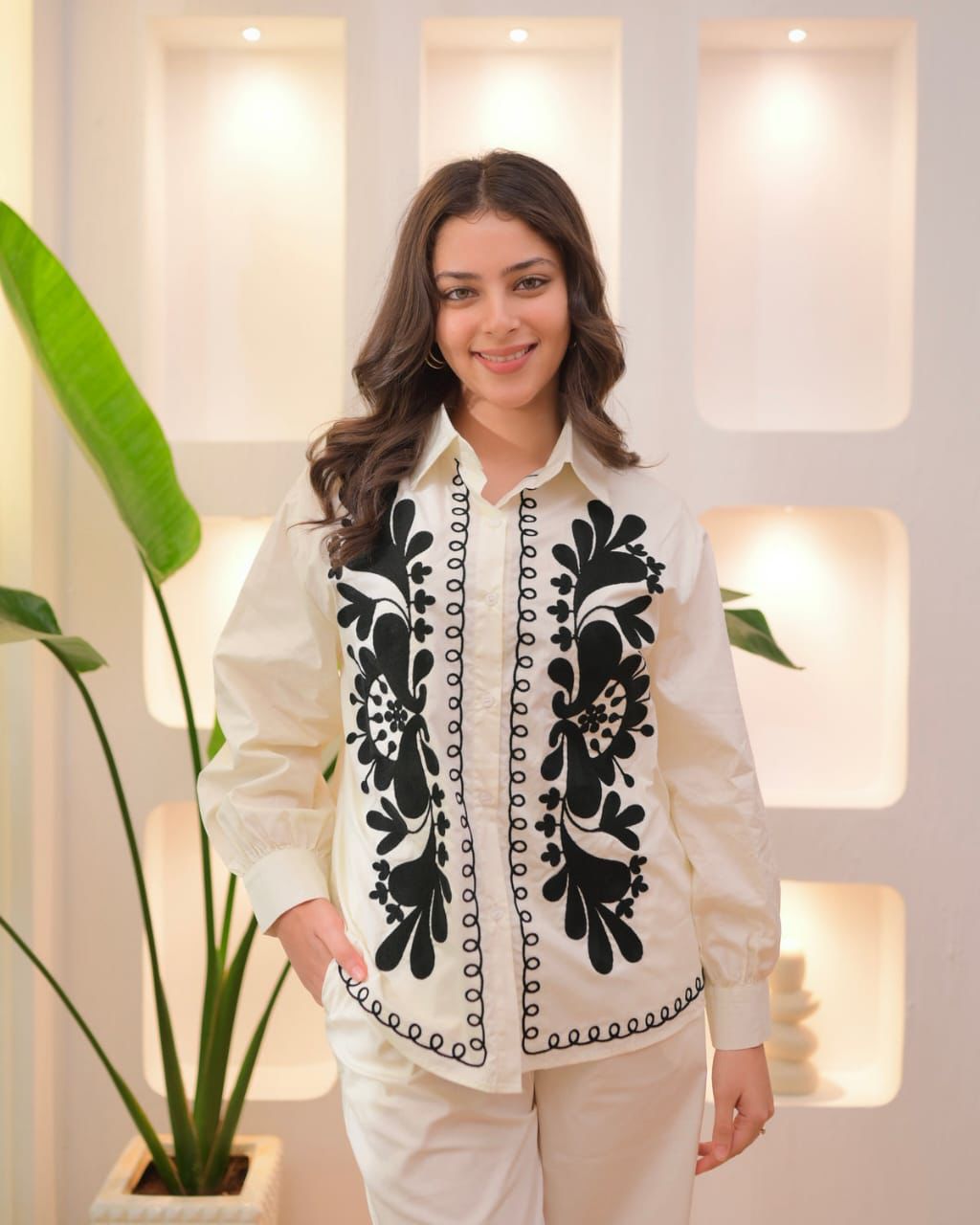Ivory Co-ord Set with Bold Black Floral Embroidery