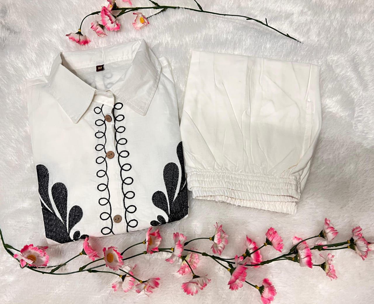 Ivory Co-ord Set with Bold Black Floral Embroidery