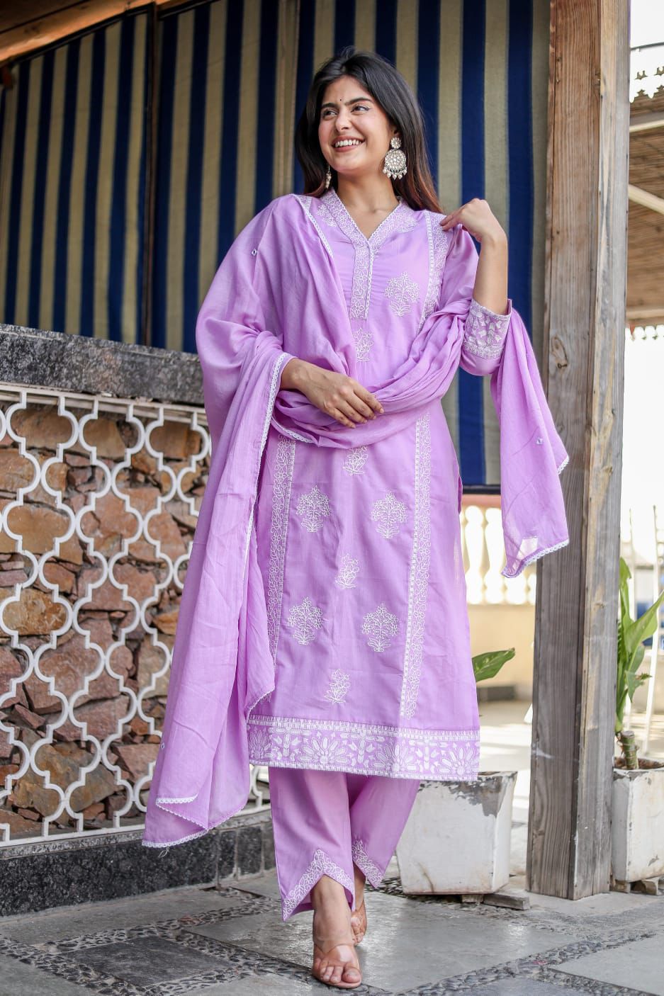 Chikankari Style Embroidered Cotton Kurta Set with Dupatta