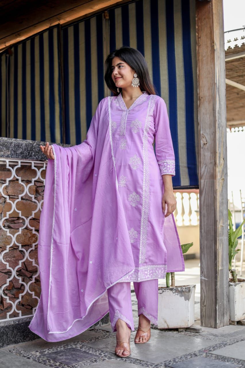 Chikankari Style Embroidered Cotton Kurta Set with Dupatta