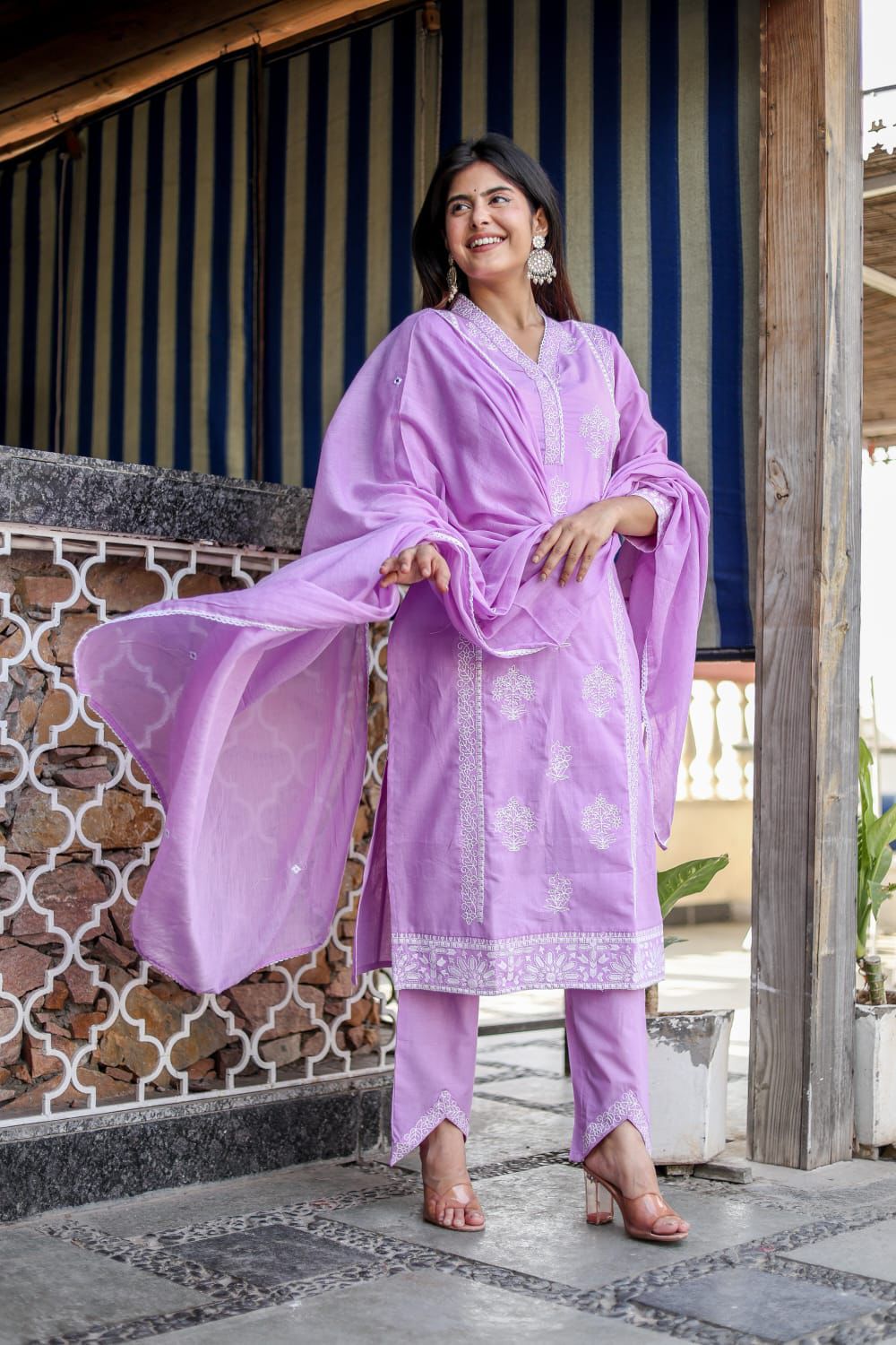 Chikankari Style Embroidered Cotton Kurta Set with Dupatta