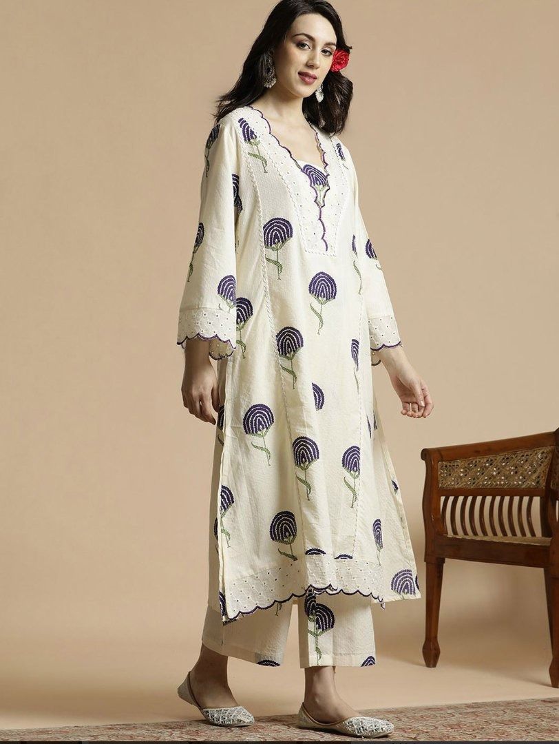 Ivory Cotton Kurta Set with Purple Floral Appliqué & Scallop Hem