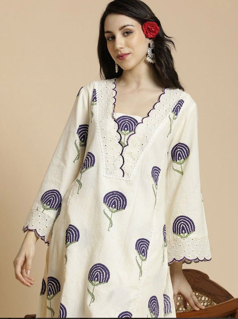 Ivory Cotton Kurta Set with Purple Floral Appliqué & Scallop Hem