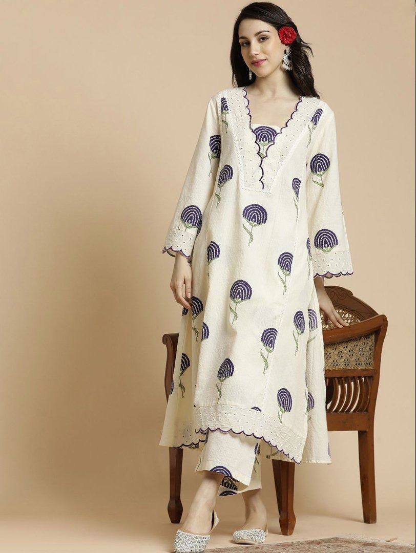 Ivory Cotton Kurta Set with Purple Floral Appliqué & Scallop Hem