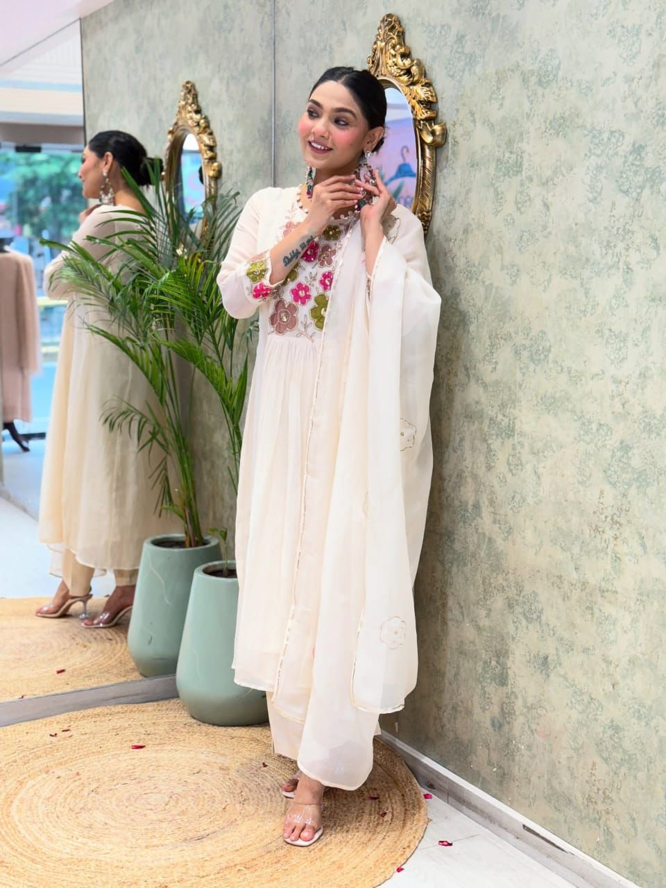 Ivory Anarkali Set with Vibrant Floral Thread Embroidery