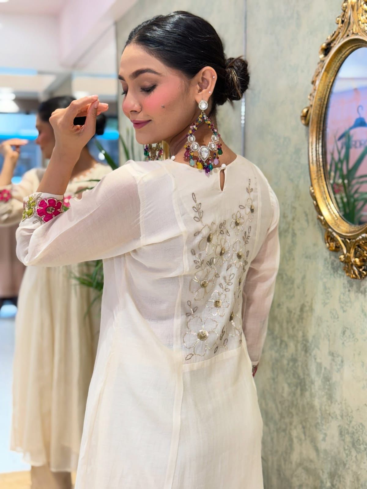 Ivory Anarkali Set with Vibrant Floral Thread Embroidery