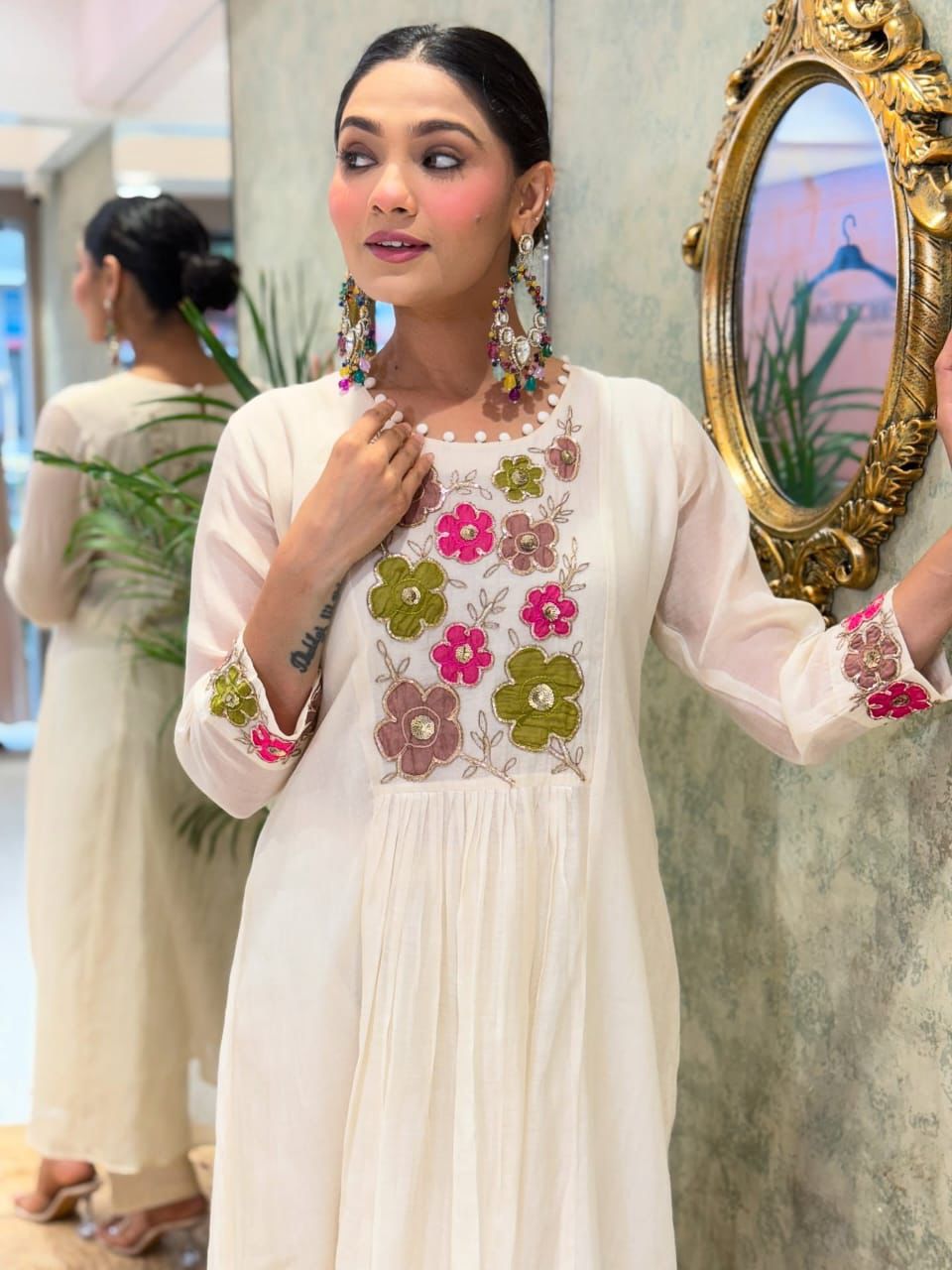 Ivory Anarkali Set with Vibrant Floral Thread Embroidery