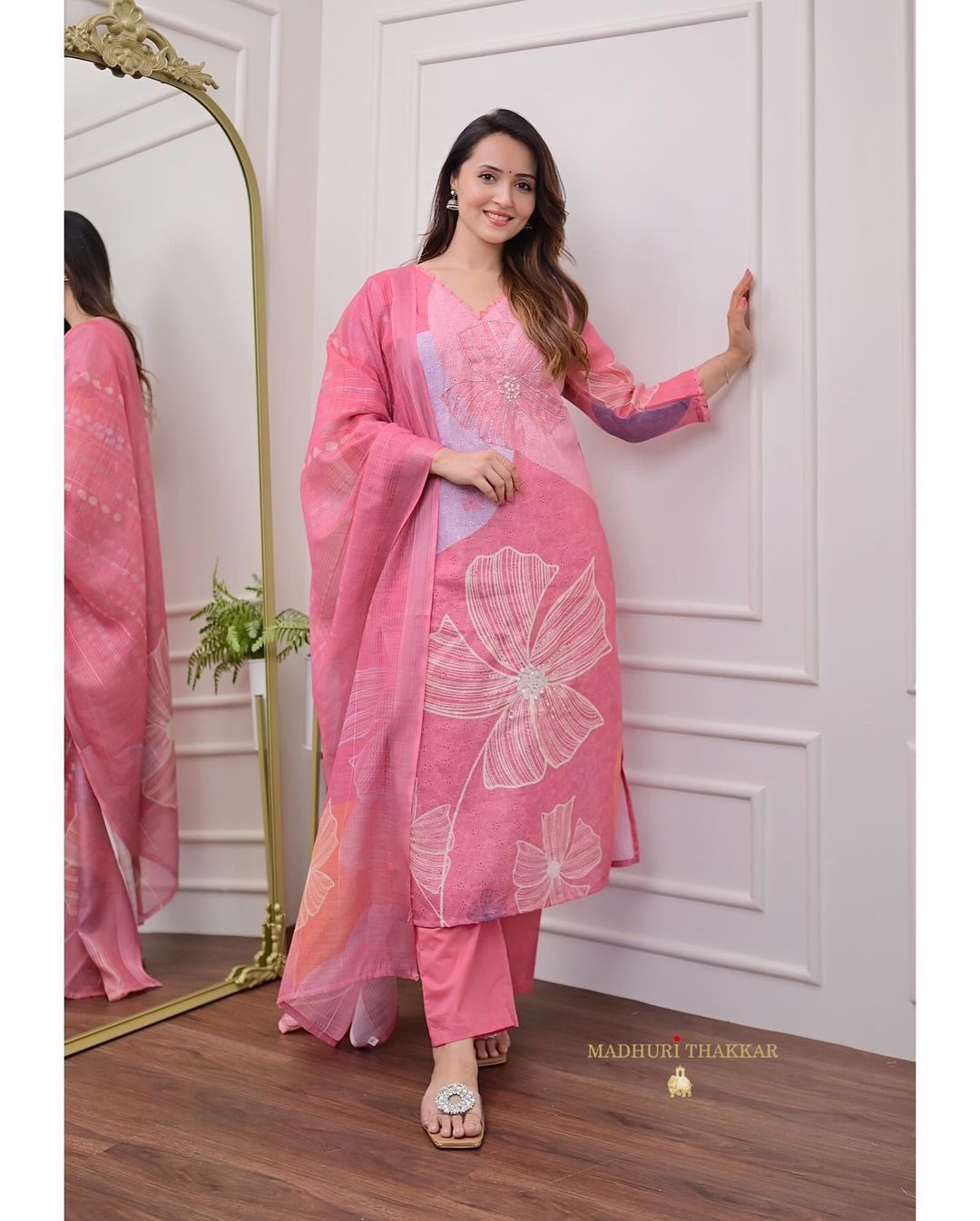 Blush Blooms: Vibrant Pink Floral Printed Kurta Set with Dupatta