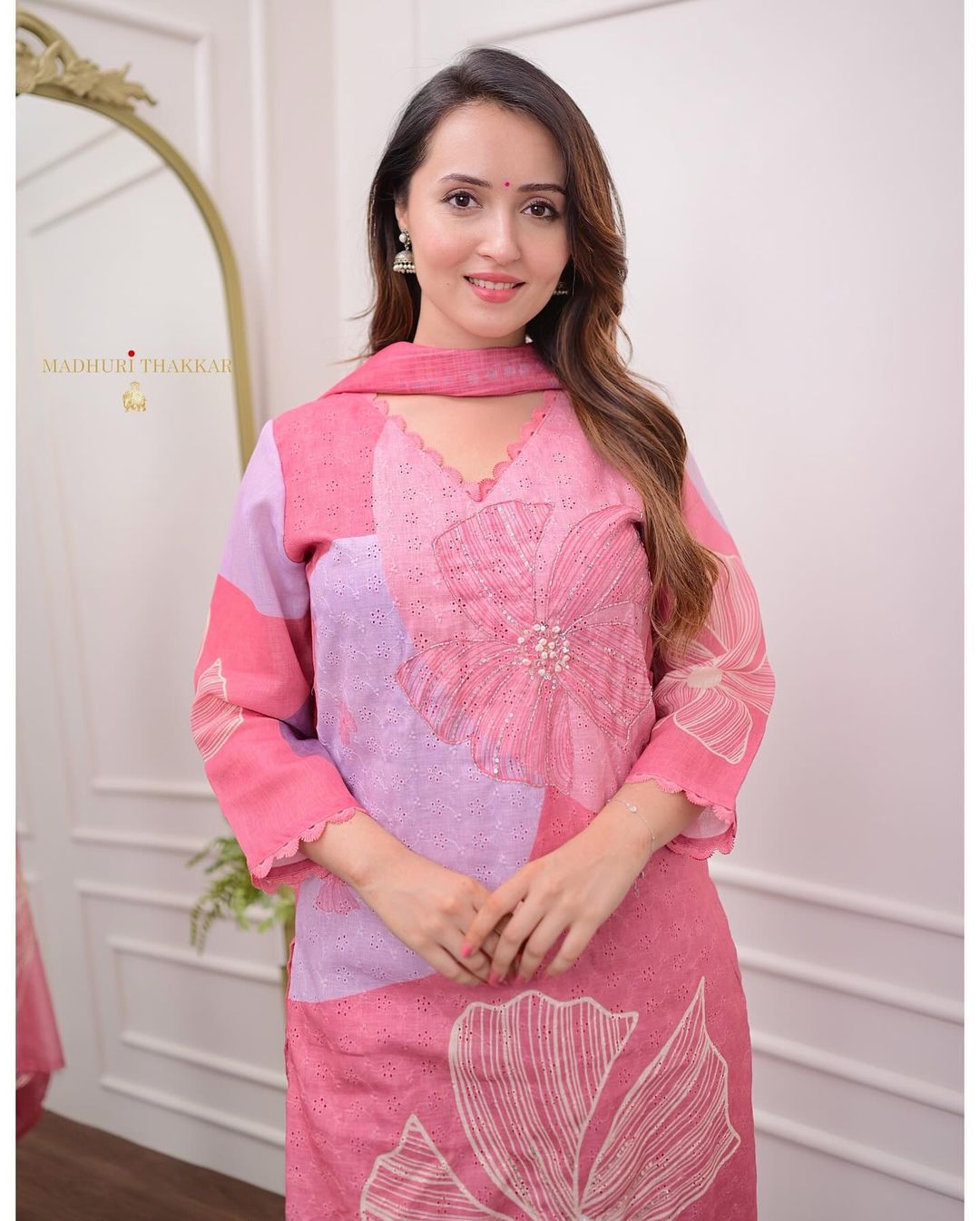 Blush Blooms: Vibrant Pink Floral Printed Kurta Set with Dupatta