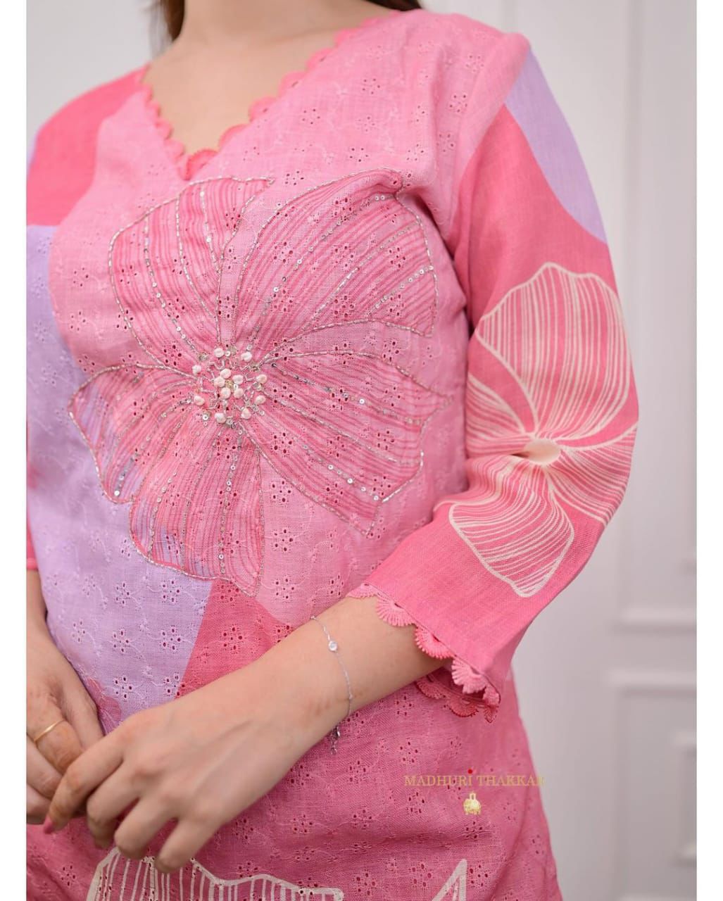Blush Blooms: Vibrant Pink Floral Printed Kurta Set with Dupatta