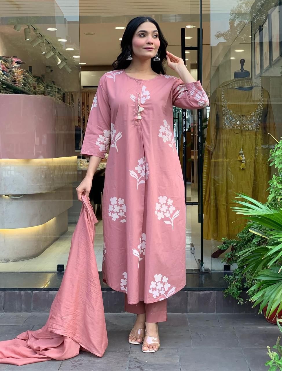 Hand Block Print Kurta Set with White Floral Motifs