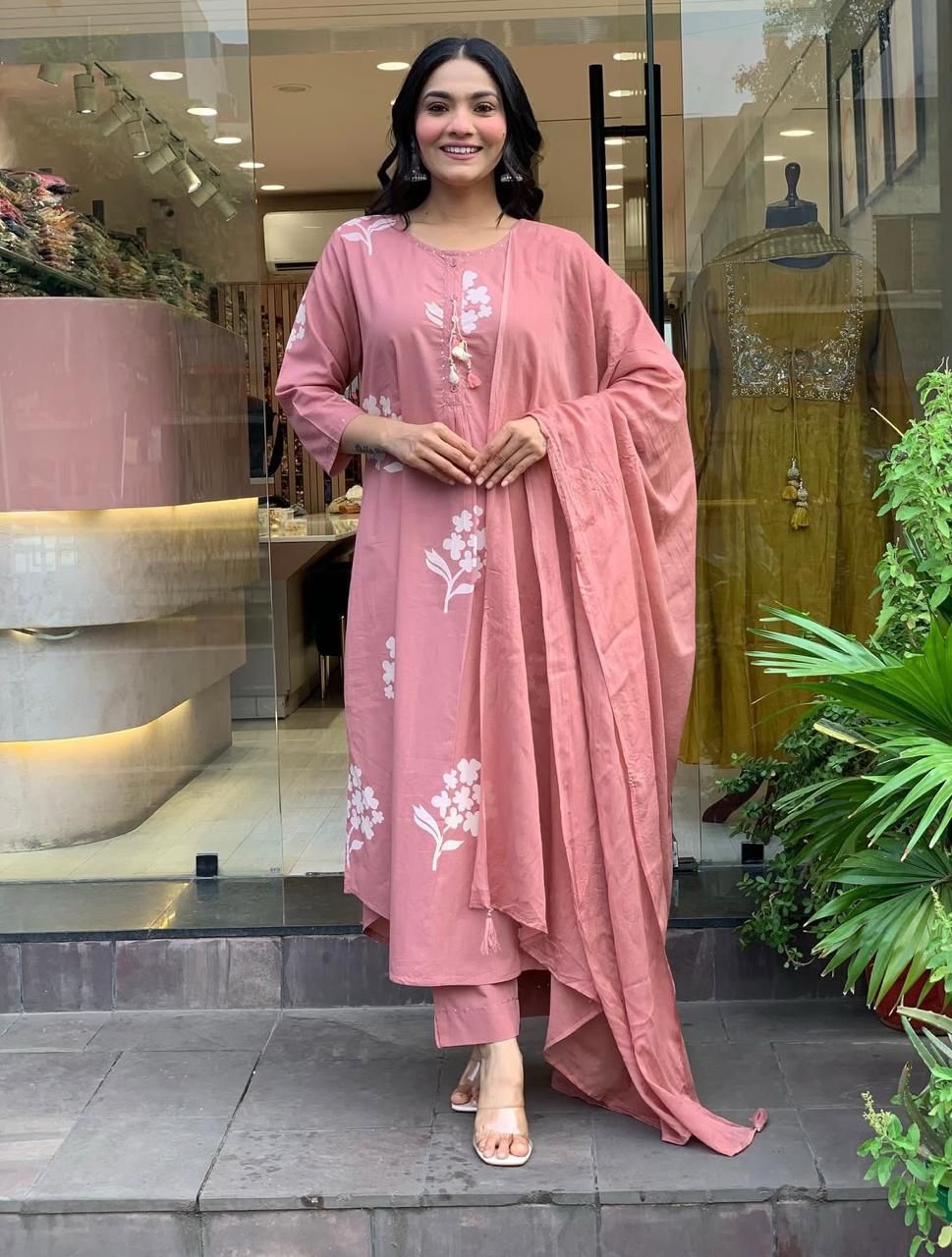 Hand Block Print Kurta Set with White Floral Motifs